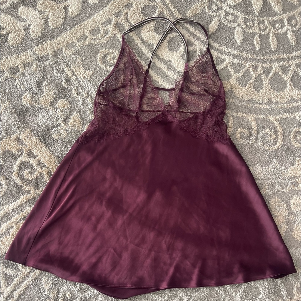 Victoria's Secret Satin Lace Sleep Dress Nightgown Purple Plum Sz L Cross Back